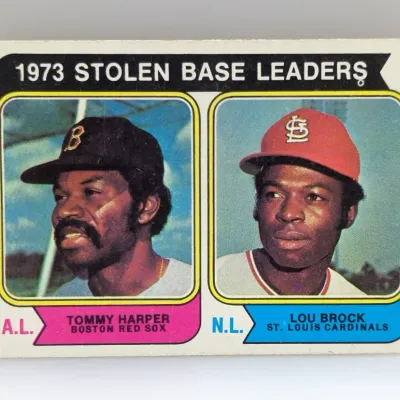 Sale Photo Thumbnail #665: 1974 Topps #202 Stolen Base Leaders baseball card featuring Tommy Harper and Lou Brock. The card shows slight edge wear and soft corners.