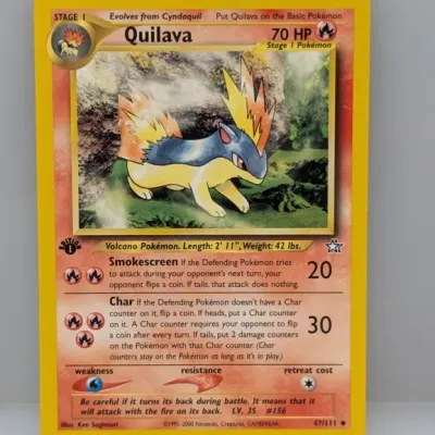 Sale Photo Thumbnail #822: 1st Edition Quilava Pokémon trading card, Neo Genesis set #47/111, released in 2000.