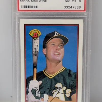 Sale Photo Thumbnail #329: 1989 Bowman Mark McGwire baseball card #197, graded PSA 8 NM-MT.
