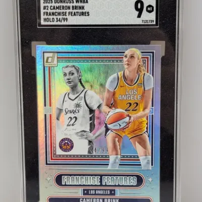 Sale Photo Thumbnail #113: SGC 9 Mint graded 2025 Donruss WNBA Cameron Brink Franchise Features Holo trading card, numbered 34 of 99.