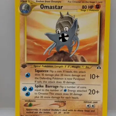 Sale Photo Thumbnail #793: 1st Edition Omastar Pokemon trading card from the Neo Discovery set, numbered 43/75 and dated 1995-2001.
