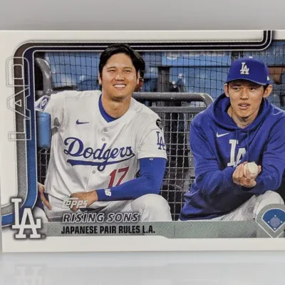 Sale Photo Thumbnail #870: 2024 Topps baseball trading card featuring Shohei Ohtani and Yoshinobu Yamamoto, titled 'Rising Sons: Japanese Pair Rules L.A.'