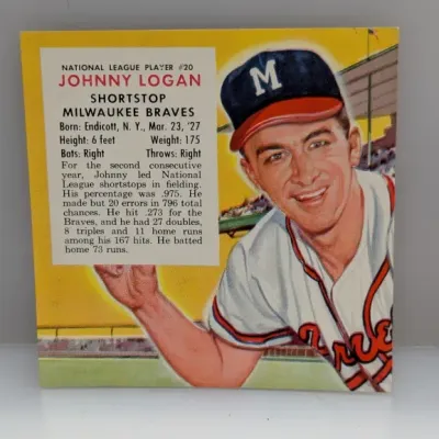 Sale Photo Thumbnail #551: Vintage 1956 Topps Johnny Logan #20 baseball card featuring the Milwaukee Braves shortstop against a yellow background.