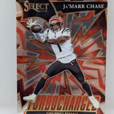 Sale Photo Thumbnail #272: 2021 Panini Select Turbocharged insert trading card featuring Ja'Marr Chase of the Cincinnati Bengals.