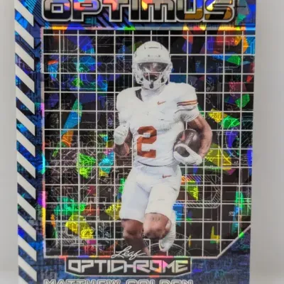 Sale Photo Thumbnail #195: Leaf OptiChrome Matthew Golden 'Optimus' insert trading card with a reflective, cracked-ice holographic finish.
