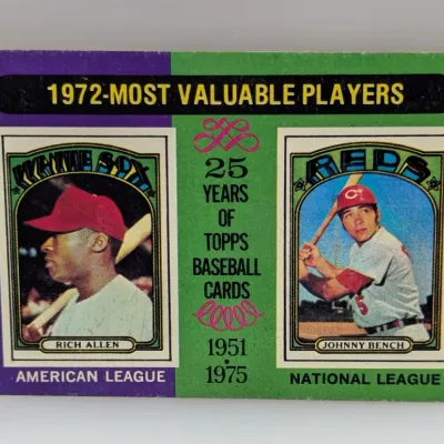 Sale Photo Thumbnail #644: 1975 Topps 1972 Most Valuable Players baseball card featuring Rich Allen and Johnny Bench (#206). Card shows slight corner wear and light edge softening.