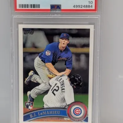 Sale Photo Thumbnail #313: PSA 10 Gem Mint 2011 Topps Update D.J. LeMahieu rookie card, #US205, in a protective slab.