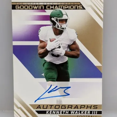 Sale Photo Thumbnail #64: Upper Deck Goodwin Champions autographed football card featuring Kenneth Walker III in blue ink, presented in excellent condition.