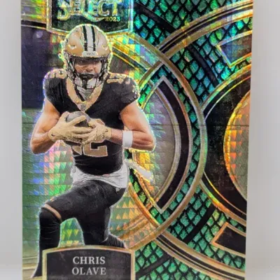 Sale Photo Thumbnail #179: 2023 Panini Select Chris Olave football trading card featuring a green Dragon Scale Prizm parallel design.