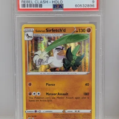Sale Photo Thumbnail #139: PSA-graded 9 Mint 2020 Pokémon Sword & Shield Rebel Clash Galarian Sirfetch'd Holo card #095.