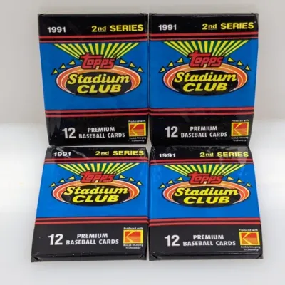 Sale Photo Thumbnail #494: Four unopened wax packs of 1991 Topps Stadium Club 2nd Series baseball cards, each containing 12 premium cards.