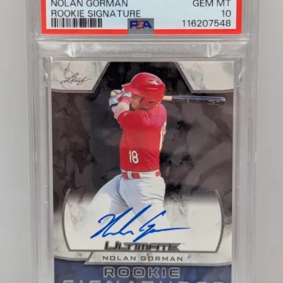 Sale Photo Thumbnail #91: 2019 Leaf Ultimate Nolan Gorman Rookie Signature baseball card, graded PSA 10 Gem Mint.