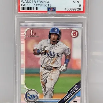 Sale Photo Thumbnail #97: PSA-graded 9 Mint 2019 Bowman Wander Franco Paper Prospects baseball card (#BP100).