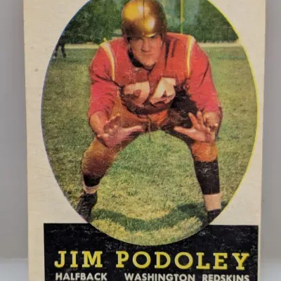 Sale Photo Thumbnail #552: Vintage 1958 Topps football card featuring Jim Podoley, halfback for the Washington Redskins.