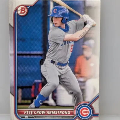 Sale Photo Thumbnail #375: Bowman Pete Crow-Armstrong Prospects baseball trading card featuring the Chicago Cubs player in a batting stance.