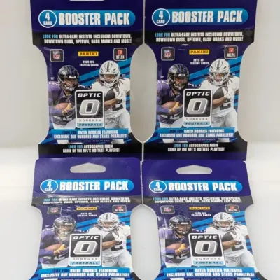 Sale Photo Thumbnail #694: Four sealed 2023 Panini Donruss Optic NFL 4-card booster packs in original retail pegboard packaging.