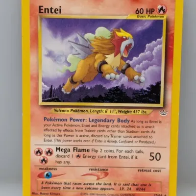 Sale Photo Thumbnail #855: Vintage Pokemon Neo Revelation Entei rare Holofoil trading card, numbered 17/64, copyright 1995-2000.