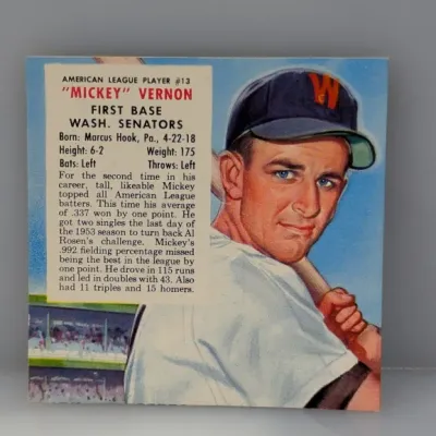 Sale Photo Thumbnail #509: 1954 Topps Mickey Vernon #13 baseball card, featuring the Washington Senators first baseman in good condition.