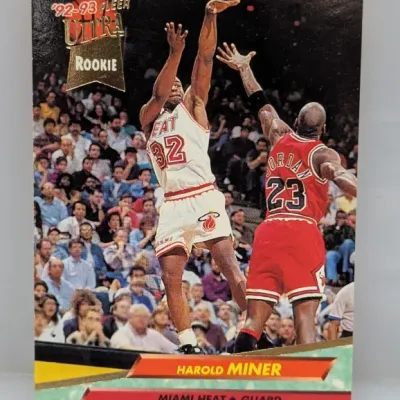 Sale Photo Thumbnail #836: 1992-93 Fleer Ultra Harold Miner rookie basketball card, featuring action shot against Michael Jordan.