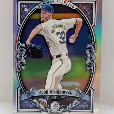 Sale Photo Thumbnail #333: Bowman Sterling Chrome Jacob Misiorowski rookie baseball card featuring a refractor finish and ornate border design.