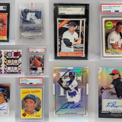 Sale Photo Thumbnail #4: Collection of graded and autographed vintage and modern baseball cards, including Mickey Mantle, Ted Williams, Sandy Koufax, and Juan Soto.