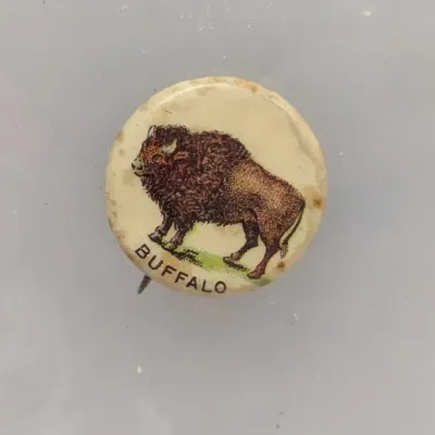 Sale Photo Thumbnail #85: Vintage small round celluloid pin featuring an illustration of an American bison and the text "BUFFALO".