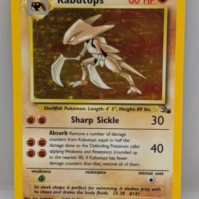 Sale Photo Thumbnail #146: Kabutops holographic Pokémon trading card from the 1999 Fossil set, numbered 9/62.