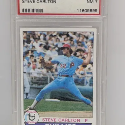 Sale Photo Thumbnail #217: 1979 Topps Steve Carlton #25 baseball card, graded PSA NM 7, encased in a protective slab.