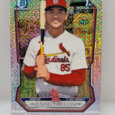 Sale Photo Thumbnail #413: Bowman Chrome 1st Bowman trading card featuring Sebastian Dos Santos of the St. Louis Cardinals, showcasing a refractoring mosaic foil finish in excellent condition.