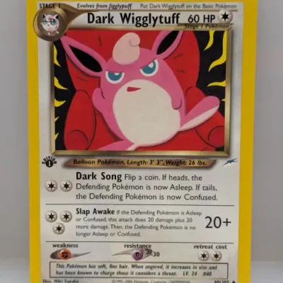 Sale Photo Thumbnail #602: 1st Edition Dark Wigglytuff Pokémon trading card (40/105) from the Neo Destiny set, released in 2000.