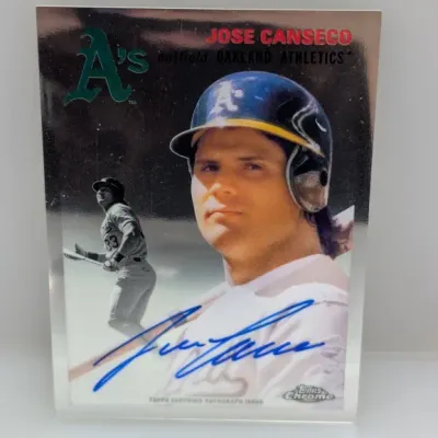 Sale Photo Thumbnail #236: Topps Chrome autographed Jose Canseco Oakland Athletics baseball card featuring a blue ink signature and certified autograph issue logo.