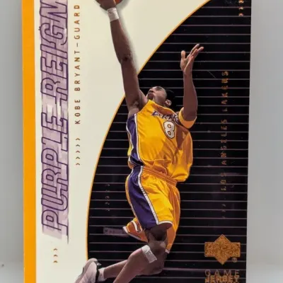 Sale Photo Thumbnail #156: Kobe Bryant Upper Deck Purple Reign Game Jersey Edition basketball trading card featuring him in his Los Angeles Lakers jersey.