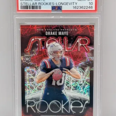Sale Photo Thumbnail #111: PSA-graded Gem Mint 10 2024 Rookies & Stars Drake Maye Stellar Rookies-Longevity card.
