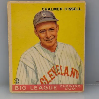 Sale Photo Thumbnail #440: 1933 Goudey Big League Chewing Gum #154 Chalmer Cissell baseball card featuring a yellow background and Cleveland uniform.