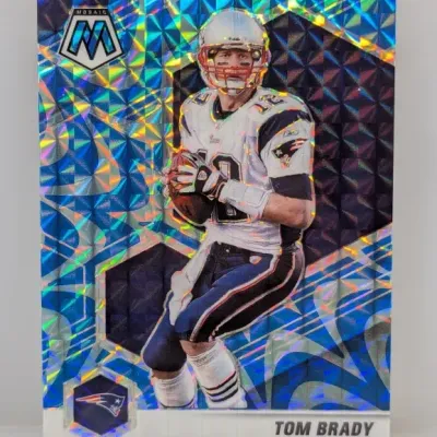 Sale Photo Thumbnail #879: Panini Mosaic Tom Brady football trading card featuring a blue mosaic parallel pattern.