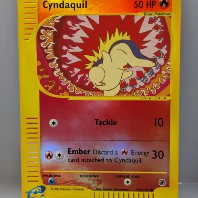 Sale Photo Thumbnail #312: 2002 Pokémon Expedition e-Reader series Cyndaquil reverse holo trading card (#105/165) illustrated by Kyoko Umemoto.