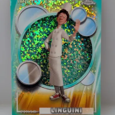Sale Photo Thumbnail #412: Topps Chrome Pixar Linguini trading card with a green cracked ice refractor finish, numbered 104/199.