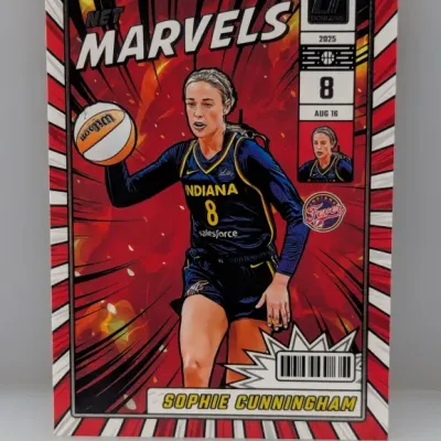 Sale Photo Thumbnail #760: Donruss Net Marvels Sophie Cunningham basketball trading card featuring a comic book art style insert design.