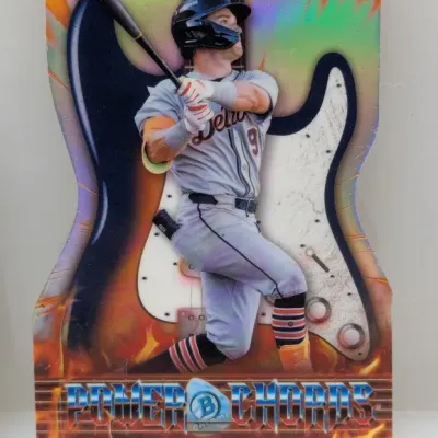 Sale Photo Thumbnail #397: Bowman Chrome Power Chords insert trading card featuring Kevin McGonigle of the Detroit Tigers, designed in a guitar-shaped die-cut with holographic finish.