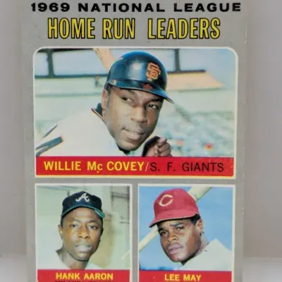 Sale Photo Thumbnail #654: 1970 Topps #61 1969 National League Home Run Leaders baseball card, featuring Willie McCovey, Hank Aaron, and Lee May.