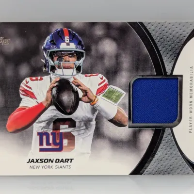 Sale Photo Thumbnail #205: Topps Jaxson Dart New York Giants player-worn memorabilia trading card featuring an embedded blue jersey swatch.