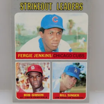 Sale Photo Thumbnail #702: 1970 Topps #67 baseball card featuring 1969 National League Strikeout Leaders Fergie Jenkins, Bob Gibson, and Bill Singer.