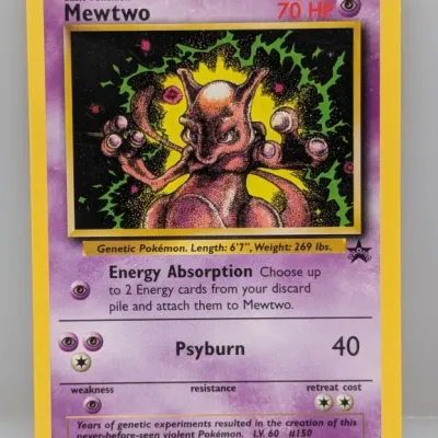 Sale Photo Thumbnail #306: Wizards of the Coast Pokémon Black Star Promo Mewtwo #14 trading card from 1999–2000, featuring artwork by Benimaru Itoh.