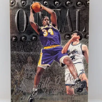 Sale Photo Thumbnail #268: 1998-99 Metal Universe Shaquille O'Neal trading card featuring a metallic industrial-style background.