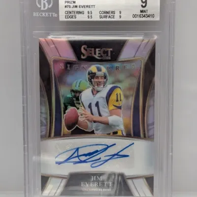 Sale Photo Thumbnail #65: Beckett-graded 9 Mint 2021 Panini Select Signatures Prizm #75 Jim Everett autographed football trading card.