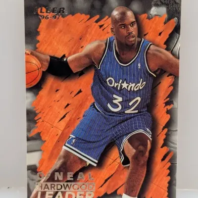 Sale Photo Thumbnail #630: 1996-97 Fleer Hardwood Leader Shaquille O'Neal basketball card in good condition.
