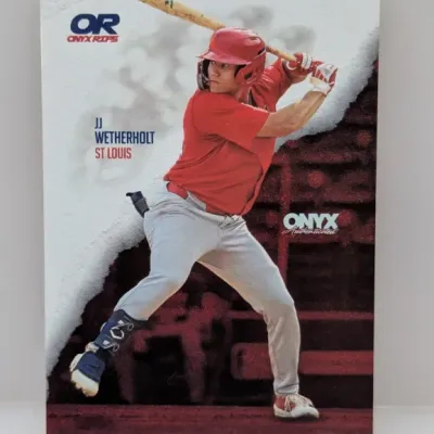 Sale Photo Thumbnail #288: Onyx Rips JJ Wetherholt baseball card featuring the St. Louis prospect in a red batting jersey.