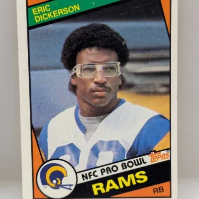 Sale Photo Thumbnail #541: 1986 Topps Eric Dickerson NFC Pro Bowl football trading card #158 in good condition.