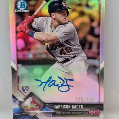 Sale Photo Thumbnail #310: 2018 Bowman Chrome Harrison Bader autographed rookie baseball card, refractor numbered 385/499.