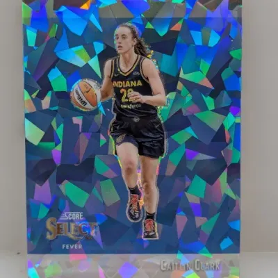 Sale Photo Thumbnail #323: Panini Score Select Caitlin Clark Indiana Fever basketball trading card featuring a crackle foil mosaic background design.